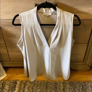 Calvin Klein Pleated V Neck Shell Top Large Gray